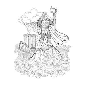 Thor de pé sobre as rochas com o martelo para colorir