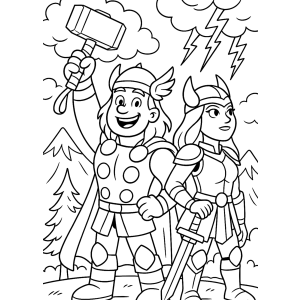 Thor e Valquíria mirins na floresta para colorir