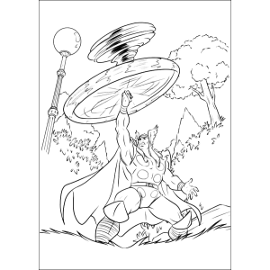 Thor girando o Mjolnir na floresta para colorir