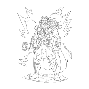 Thor invocando o trovão com o martelo para colorir