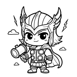 Thor kawaii com capacete e martelinho para colorir