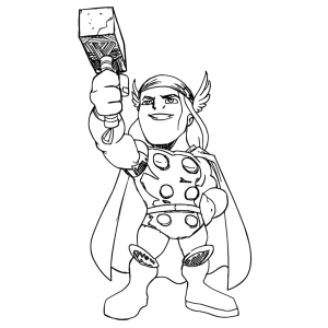Thor sorridente com o martelo erguido para colorir