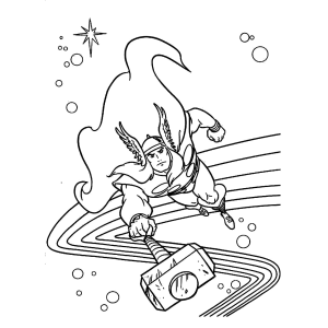 Thor voando sobre o arco-íris de Asgard para colorir