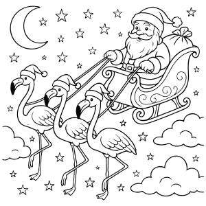 Trenó do Papai Noel puxado por flamingos para colorir