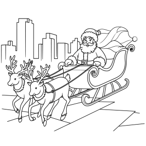 Trenó do Papai Noel sobrevoando a cidade para colorir