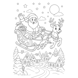 Trenó do Papai Noel sobrevoando a vila na neve para colorir