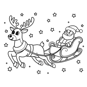 Trenó do Papai Noel voando entre as estrelas para colorir