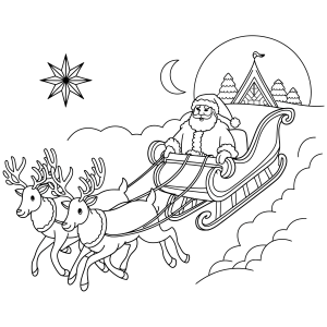 Trenó do Papai Noel voando sobre a vila na noite de Natal para colorir