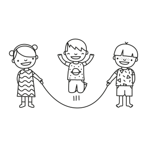 Três amigos pulando corda para colorir