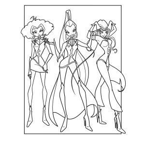 Três fadas Winx lado a lado para colorir