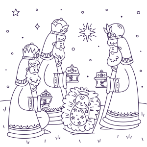 Três Reis Magos cantando com lanternas na neve para colorir