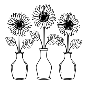 Três vasinhos de girassol na janela para colorir