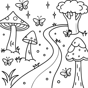 Trilha na floresta de cogumelos com borboletas para colorir