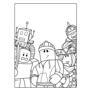 Turma de avatares do Roblox com robô para colorir