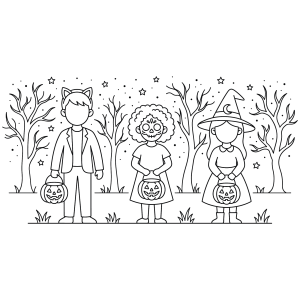 Turma de crianças fantasiadas com baldinhos para colorir