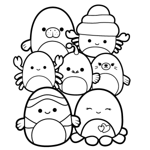 Turma de Squishmallows reunida para colorir