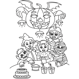 Turma fantasiada com abóboras e doces para colorir