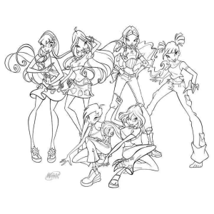 Turma Winx completa em pose de equipe para colorir