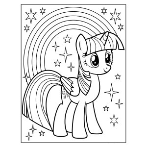 Twilight Sparkle embaixo do arco-íris com estrelas para colorir