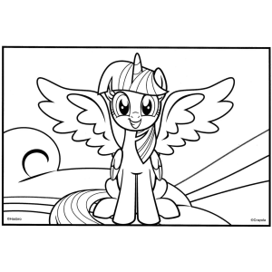 Twilight Sparkle voando no pôr do sol para colorir