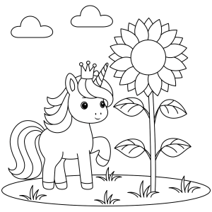 Unicórnio ao lado de um girassol alto para colorir