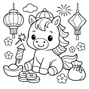 Unicórnio festejando com lanternas e foguetes para colorir