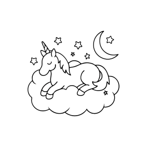 Unicórnio na nuvem olhando a lua para colorir