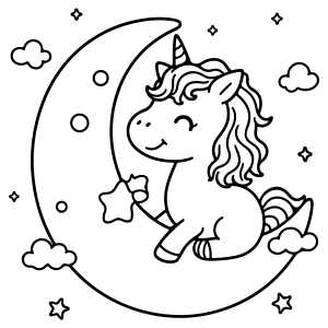 Unicórnio sentado na lua crescente para colorir