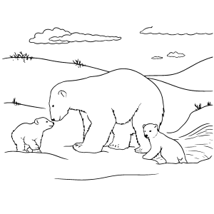 Ursa polar com os filhotes no gelo para colorir