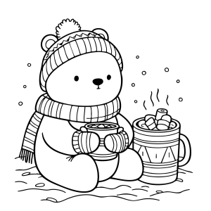 Ursinho de cachecol tomando chocolate quente para colorir
