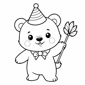 Ursinho de festa com chapéu de aniversário para colorir