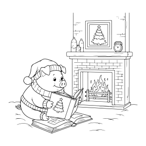 Ursinho lendo um livro ao lado da lareira para colorir