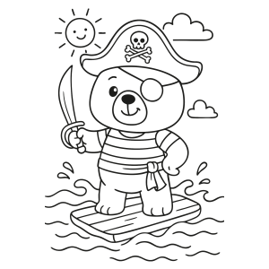 Ursinho pirata com espada na prancha para colorir