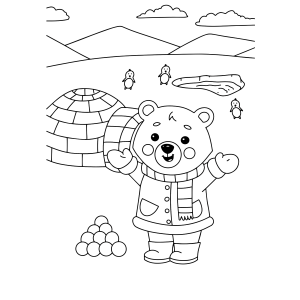 Ursinho polar de casaco na frente do iglu para colorir
