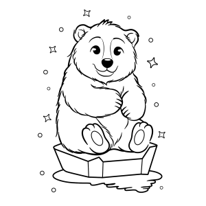 Ursinho polar sentado no gelo com flocos de neve para colorir