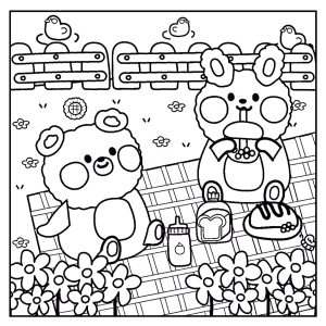 Ursinhos fazendo piquenique no jardim florido para colorir