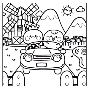 Ursinhos passeando de carro nas montanhas para colorir