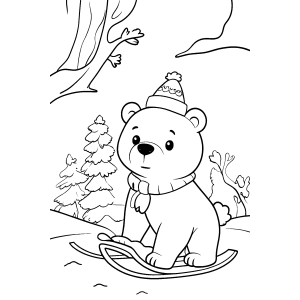 Urso polar brincando na neve perto do pinheiro para colorir