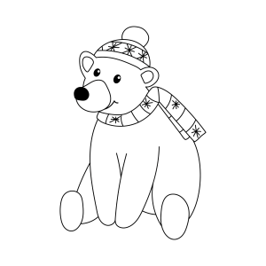 Urso polar sentado de touca e cachecol para colorir