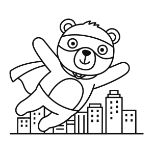 Urso super-herói voando sobre os prédios para colorir