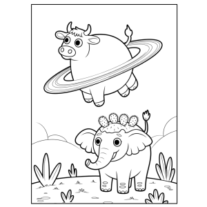 Vaca Saturno voando sobre o elefantinho para colorir