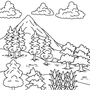 Vale com montanha, rio e pinheiros para colorir