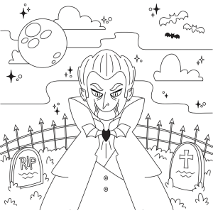 Vampira no cemitério sob a lua para colorir