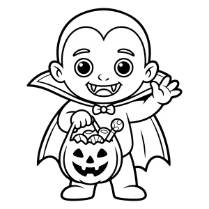 Vampirinho com balde de doces de abóbora para colorir