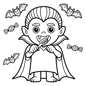 Vampiro entre morcegos e doces para colorir