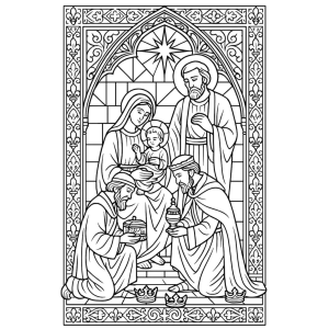 Vitral com os Reis Magos adorando o Menino Jesus para colorir