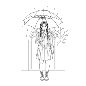 Wandinha com guarda-chuva na chuva para colorir
