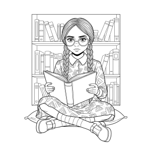 Wandinha lendo na biblioteca para colorir