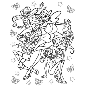 Winx em cena de poder com asas abertas para colorir