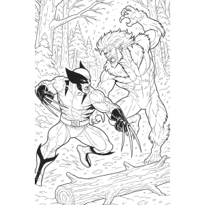 Wolverine lutando com Dentes-de-Sabre na floresta para colorir